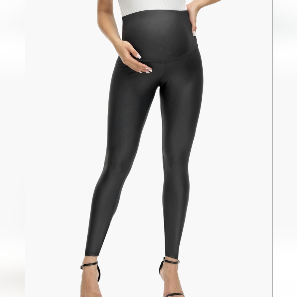 Hofish Black Faux Leather Maternity Leggings Size Large NWOT